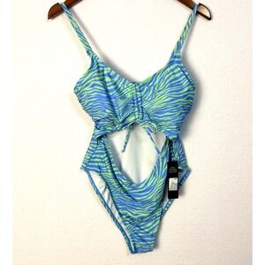 NWT Fashion Nova Island Escapes Aqua Hi Cut 1-Piece Swimsuit Large Adj Strap